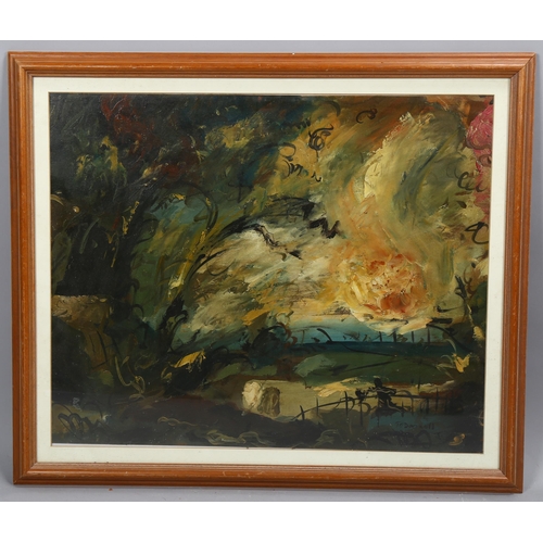 698 - T O'Donnell, abstract landscape, oil on board, signed, 45cm x 55cm, framed