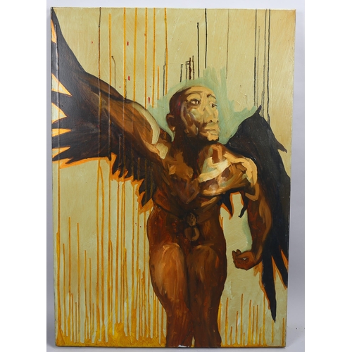 701 - Charlie Pi, winged figure, oil on canvas, signed on stretcher, 100cm x 70cm, unframed