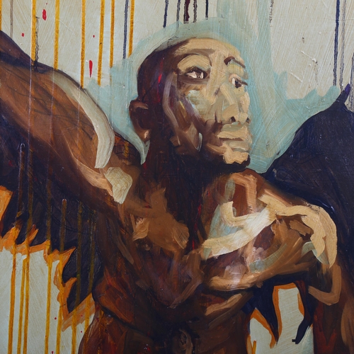 701 - Charlie Pi, winged figure, oil on canvas, signed on stretcher, 100cm x 70cm, unframed