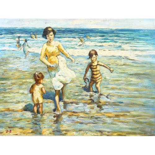 702 - Contemporary beach scene, oil on canvas, 45cm x 60cm, framed