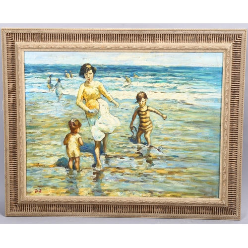 702 - Contemporary beach scene, oil on canvas, 45cm x 60cm, framed