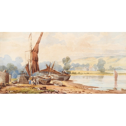 705 - Attributed to Edward Masters, Thames barges scene, watercolour, unsigned, 16cm x 31cm, framed