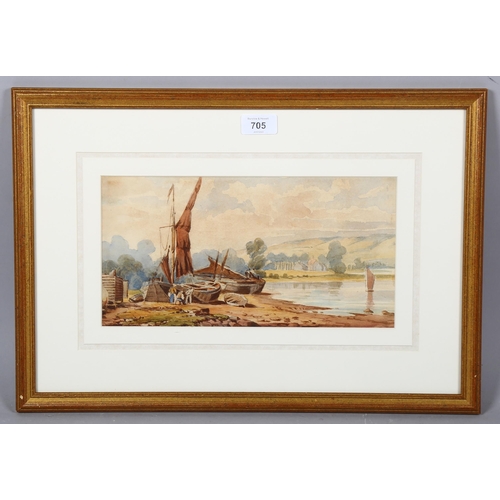 705 - Attributed to Edward Masters, Thames barges scene, watercolour, unsigned, 16cm x 31cm, framed