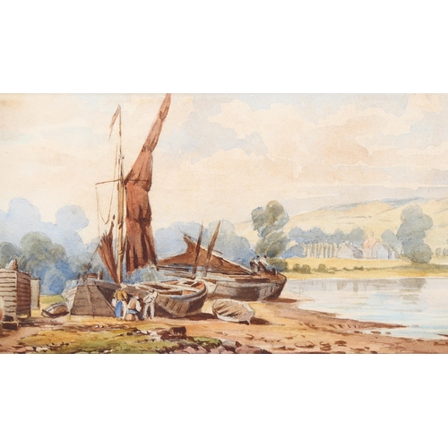 705 - Attributed to Edward Masters, Thames barges scene, watercolour, unsigned, 16cm x 31cm, framed