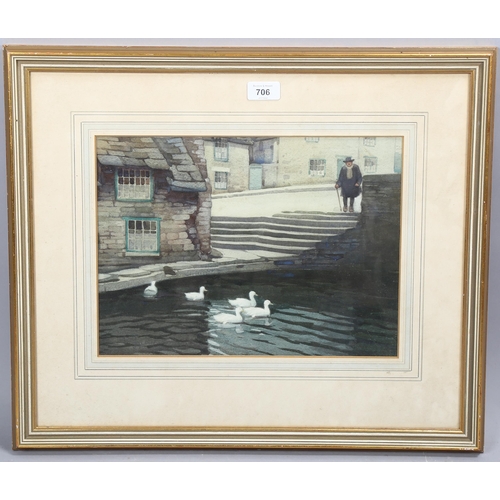 706 - Cecil Aldin (1870 - 1935), duck pond, watercolour, signed, 27cm x 36cm, framed