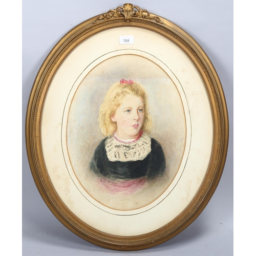 708 - 19th century oval portrait of a girl, watercolour, unsigned, inscription verso, 42cm x 32cm, framed