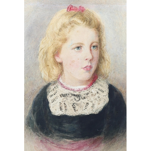 708 - 19th century oval portrait of a girl, watercolour, unsigned, inscription verso, 42cm x 32cm, framed