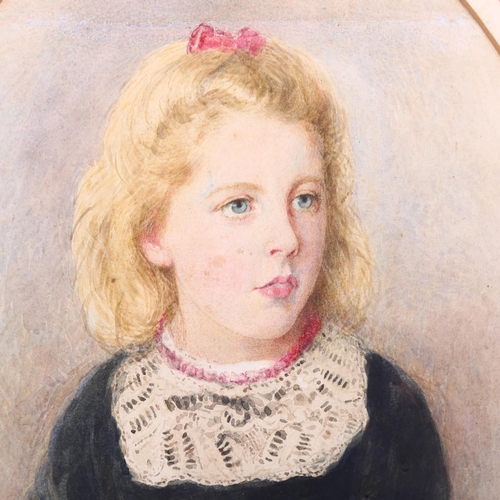 708 - 19th century oval portrait of a girl, watercolour, unsigned, inscription verso, 42cm x 32cm, framed