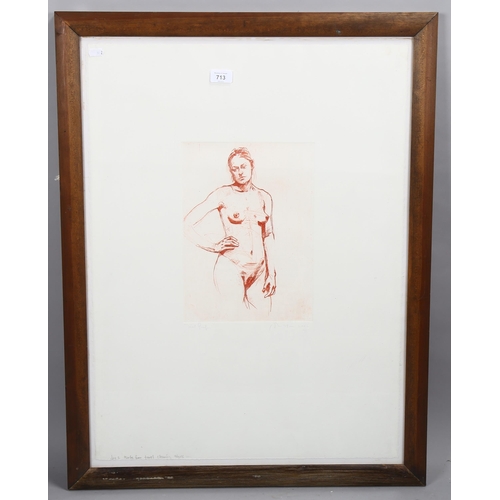 713 - Sepia trial proof etching, female nude, indistinctly signed in pencil, plate 32cm x 23cm, framed