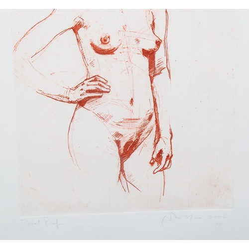 713 - Sepia trial proof etching, female nude, indistinctly signed in pencil, plate 32cm x 23cm, framed