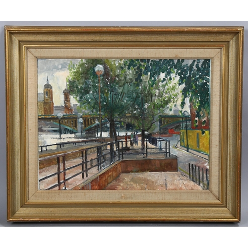 715 - 20th century English School, view towards Blackfriars Bridge London, oil on board, unsigned, 36cm x ... 