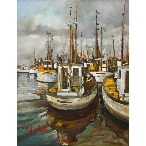 717 - 20th century oil on canvas, boats in harbour, indistinctly signed, 45cm x 35cm, framed