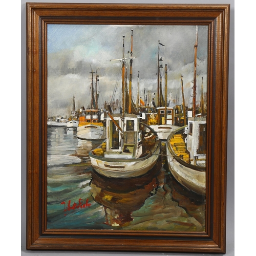 717 - 20th century oil on canvas, boats in harbour, indistinctly signed, 45cm x 35cm, framed