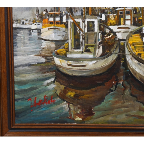 717 - 20th century oil on canvas, boats in harbour, indistinctly signed, 45cm x 35cm, framed