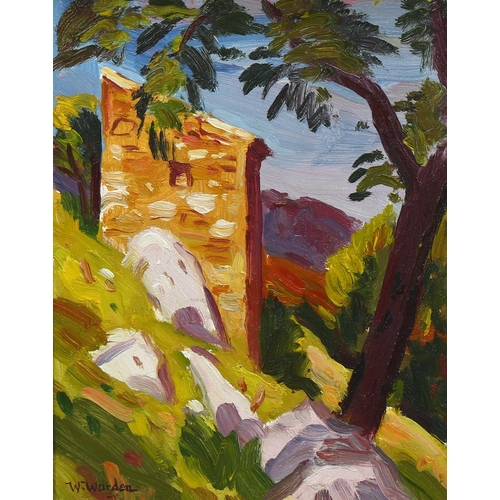 719 - William Warden RBA, hillside hut Provence, signed with artist's labels verso, 22cm x 18cm, framed