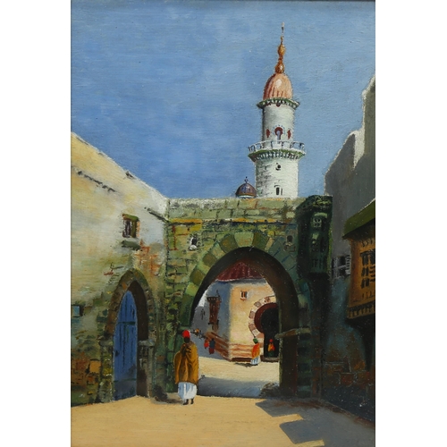 727 - Early 20th century oil on panel, North African street scene, unsigned, 24cm x 16cm, framed