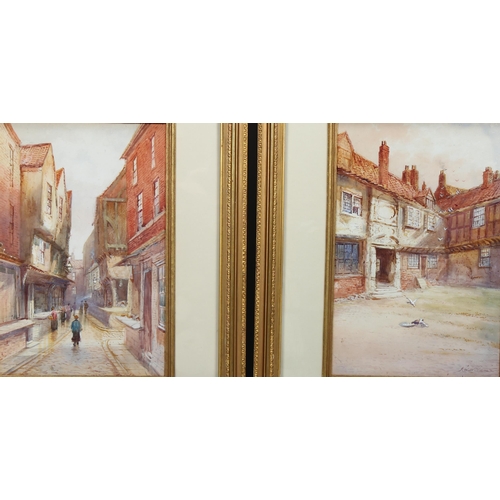 728 - J W Williams, Shambles York and college and courtyard York, signed and dated 1909, 33cm x 22cm, fram... 