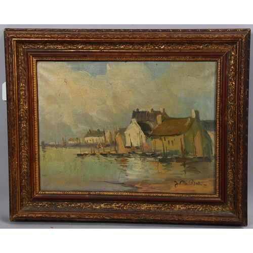 729 - Early 20th century oil on canvas, coastal harbour scene, indistinctly signed, 30cm x 40cm, framed