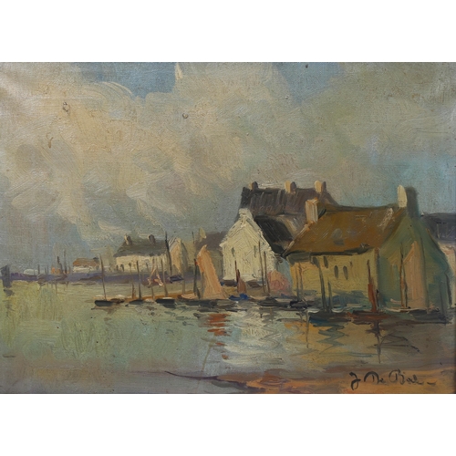 729 - Early 20th century oil on canvas, coastal harbour scene, indistinctly signed, 30cm x 40cm, framed