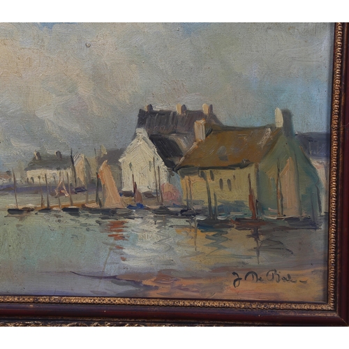 729 - Early 20th century oil on canvas, coastal harbour scene, indistinctly signed, 30cm x 40cm, framed