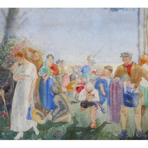 732 - Early 20th century European School, a summer outing, watercolour, unsigned, image 34cm x 48cm, frame... 