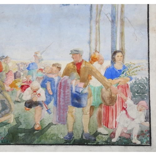 732 - Early 20th century European School, a summer outing, watercolour, unsigned, image 34cm x 48cm, frame... 