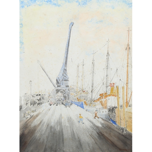 735 - Mychal Barret, docklands scene, watercolour, signed, 38cm x 28cm, framed