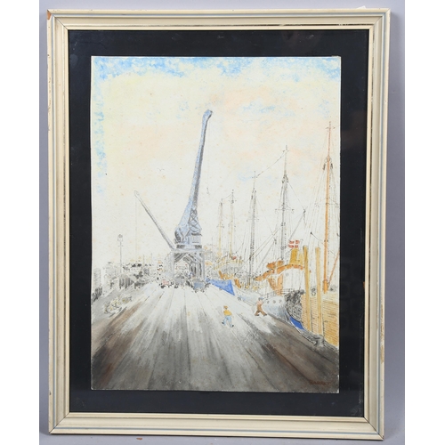 735 - Mychal Barret, docklands scene, watercolour, signed, 38cm x 28cm, framed