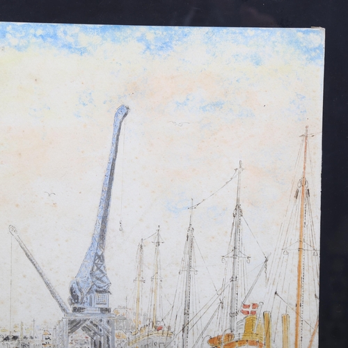 735 - Mychal Barret, docklands scene, watercolour, signed, 38cm x 28cm, framed