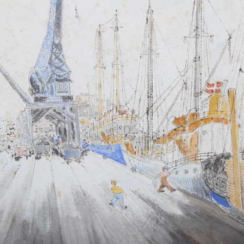 735 - Mychal Barret, docklands scene, watercolour, signed, 38cm x 28cm, framed