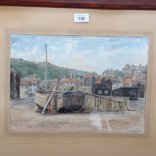 736 - Edith Smith, Hastings Old Town beach scene, watercolour, signed, 25cm x 35cm, framed