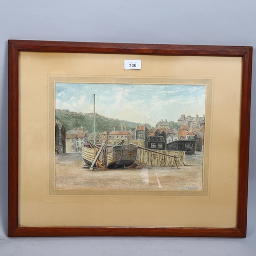 736 - Edith Smith, Hastings Old Town beach scene, watercolour, signed, 25cm x 35cm, framed