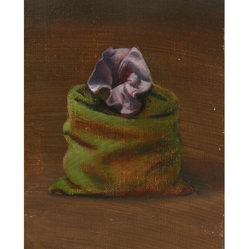 737 - Julian Gordon Mitchell, the green sack, oil on canvas, signed verso, 25cm x 20cm, framed