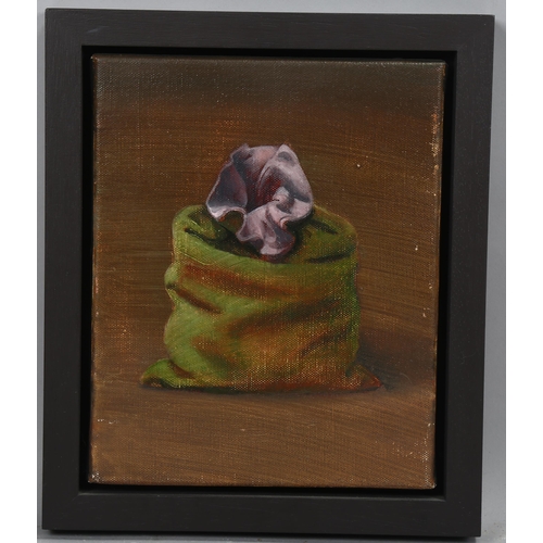 737 - Julian Gordon Mitchell, the green sack, oil on canvas, signed verso, 25cm x 20cm, framed