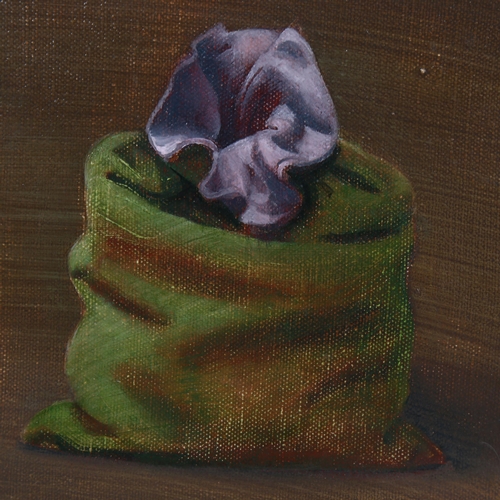 737 - Julian Gordon Mitchell, the green sack, oil on canvas, signed verso, 25cm x 20cm, framed