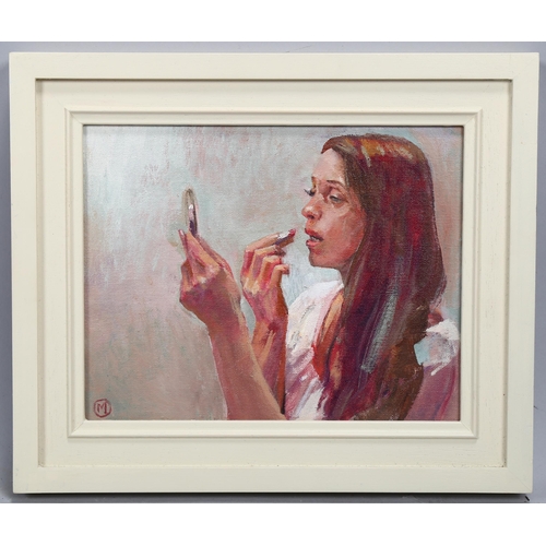 738 - Julian Gordon Mitchell, lipstick, oil on canvas board, signed with monogram, 19cm x 24cm, framed