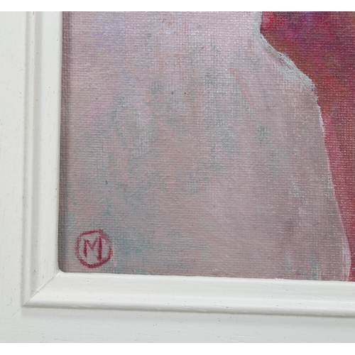 738 - Julian Gordon Mitchell, lipstick, oil on canvas board, signed with monogram, 19cm x 24cm, framed