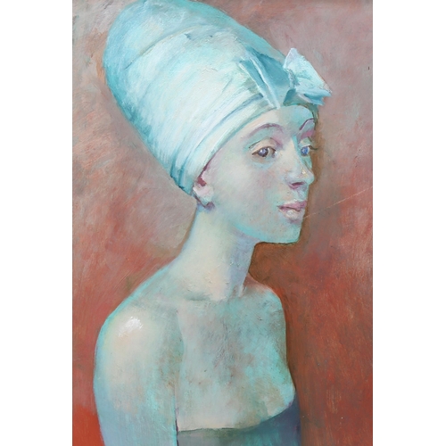 739 - Julian Gordon Mitchell, portrait of a woman, oil on board, 28cm x 20cm, framed