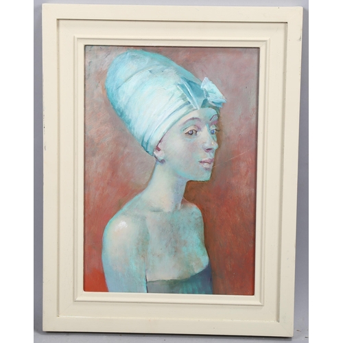 739 - Julian Gordon Mitchell, portrait of a woman, oil on board, 28cm x 20cm, framed