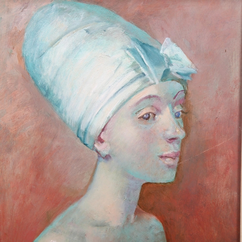 739 - Julian Gordon Mitchell, portrait of a woman, oil on board, 28cm x 20cm, framed