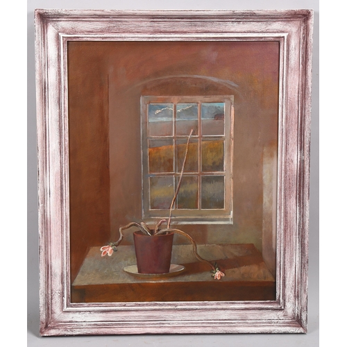 740 - Julian Gordon Mitchell, plant by a window, oil on canvas, 50cm x 40cm, framed