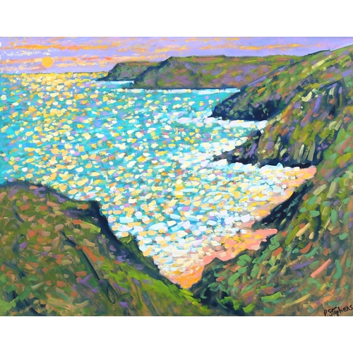 742 - Paul Stephens, Poldark Cornwall cliffs, oil on board, inscribed verso, 40cm x 50cm, framed