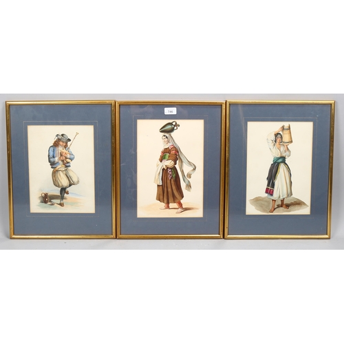 746 - 19th century European School, 3 costume studies, watercolour on paper, unsigned, 32cm x 21cm, framed