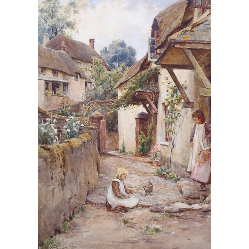 747 - 19th century English School, children and kitten outside thatched cottages, watercolour, unsigned, 3... 