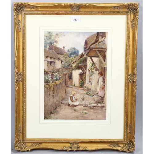 747 - 19th century English School, children and kitten outside thatched cottages, watercolour, unsigned, 3... 