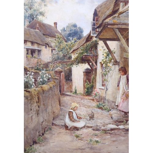 747 - 19th century English School, children and kitten outside thatched cottages, watercolour, unsigned, 3... 