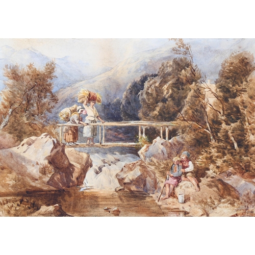 748 - John Frederick Tayler PRWS (1802 - 1889), figures on a bridge in the mountains, watercolour, 23cm x ... 