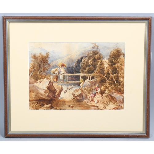 748 - John Frederick Tayler PRWS (1802 - 1889), figures on a bridge in the mountains, watercolour, 23cm x ... 