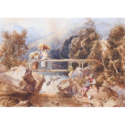 748 - John Frederick Tayler PRWS (1802 - 1889), figures on a bridge in the mountains, watercolour, 23cm x ... 