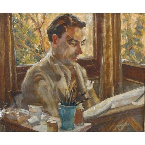 753 - WITHDRAWN - Mid-20th century portrait of an artist, oil on canvas laid on board, signed with monogra... 